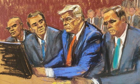 Trump, as depicted in a courtroom sketch during his arraignment on charges related to trying to hide classified documents on 13 June, alongside his aide Walt Nauta (far left), and attorneys Chris Kise and Todd Blanche.
