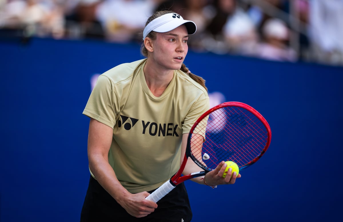 Elena Rybakina prepares to serve as she practises for the US Open