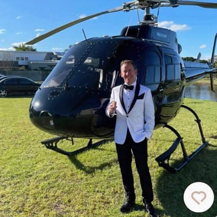 John Margerison in tuxedo in front of helicopter