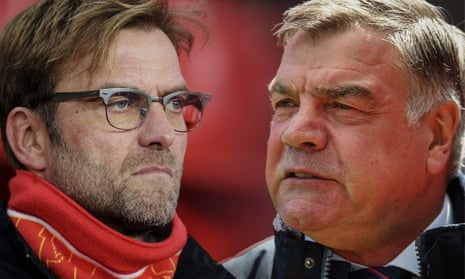 Jürgen Klopp and Sam Allardyce’s encounter in December 2015 culminated in the Englishman calling Klopp a ‘soft German’. Composite photographs by Getty Images
