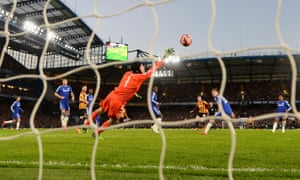 Petr Cech is powerless to prevent Andy Halliday’s curling shot making it 3-2 to Bradford.