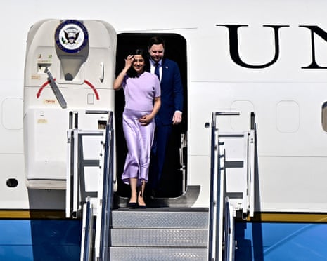US vice-president JD Vance and second lady Usha Vance arrive aboard Air Force Two at Budapest Ferenc Liszt International Airport in Budapest, Hungary.