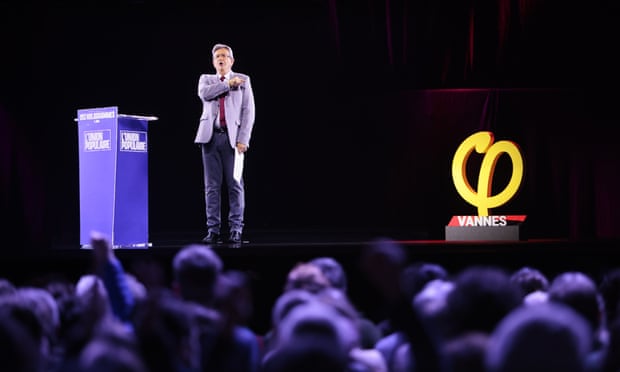 One of 11 holograms of Jean-Luc Mélenchon is seen during a rally in Vannes, western France.