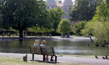 An older couple enjoying Regent’s Park, London, in May. For the week ending 17 July excess deaths for England Wales were 3% below the five-year average. 