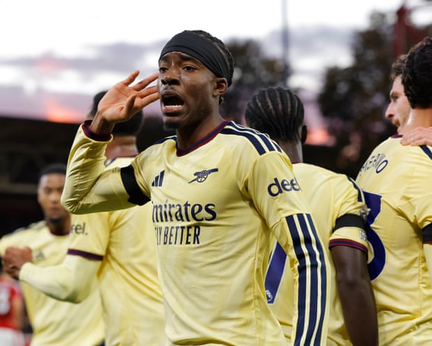 Noni Madueke celebrates the winning goal for Arsenal