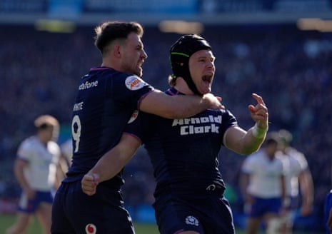 Scotland's Darcy Graham (right) celebrates with Ben White (left) after scoring his side's first try.