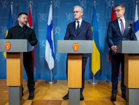 Ukraine’s Volodymyr Zelenskyy at a press conference with Finland’s president, Alexander Stubb, and Norway’s prime minister, Jonas Gahr Støre.