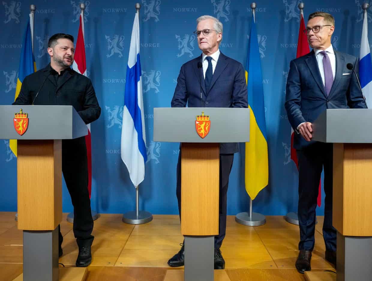 Ukraine’s Volodymyr Zelenskyy at a press conference with Finland’s president, Alexander Stubb, and Norway’s prime minister, Jonas Gahr Støre.