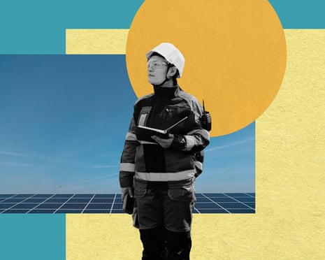 Stylised picture of energy worker standing in front of solar panels