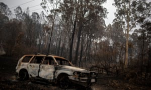 A destroyed car next to burnt bushland in the village of Mogo.