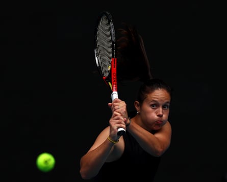 Daria Kasatkina plays a backhand during practice before the 2026 Australian Open at Melbourne Park