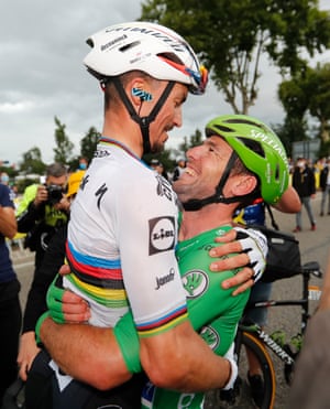 Deceuninck–Quick-Step rider Mark Cavendish (right) celebrates after winning the stage with teammate Julian Alaphilippe