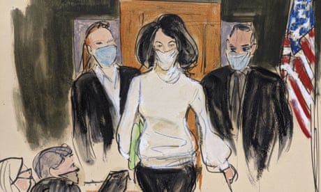 In this courtroom sketch, Ghislaine Maxwell enters the courtroom escorted by U.S. Marshalls at the start of her trial, Monday, Nov. 29, 2021, in New York. As Ghislaine Maxwell strode into the courtroom for the first day of her sex-trafficking trial, no photographer was allowed to catch it. Courtroom artist Elizabeth Williams, however, was at the ready and before the hour was up, the boldly rendered scene was transmitted to news outlets around the world. (AP Photo/Elizabeth Williams)