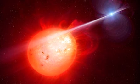 Impression of a binary system in the Scorpius constellation with a red dwarf star and a rapidly spinning white dwarf, whose true nature was discovered by a team led by Tom Marsh in 2015.