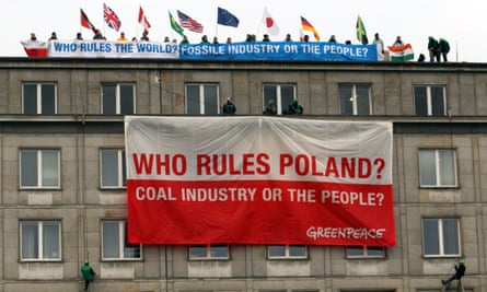 Greenpeace protesters on the roof of the economy ministry in Warsaw, Poland.