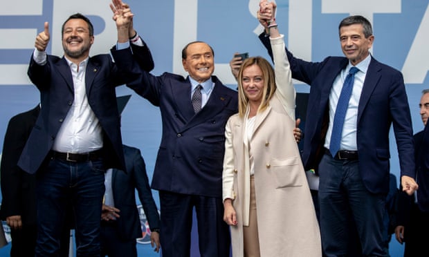 From left, Matteo Salvini, Silvio Berlusconi, Giorgia Meloni and Maurizio Lupi attend a closing campaign rally on Thursday.