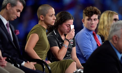 Emma González, a Marjory Stoneman Douglas student, comforts a classmate during the CNN town hall meeting on Wednesday night.