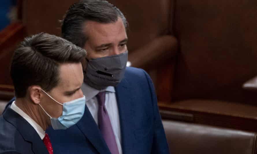 Senators Josh Hawley, left, and Ted Cruz have used obstructionist tactics to hold up the confirmation process for Biden’s nominees.