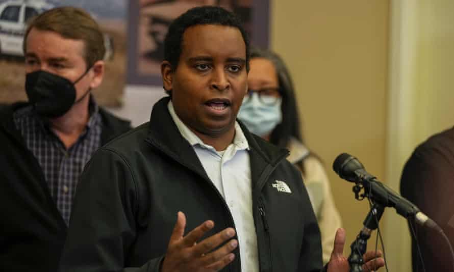 Representative Joe Neguse talks during a news conference on the Colorado wildfires on 2 January in Boulder.