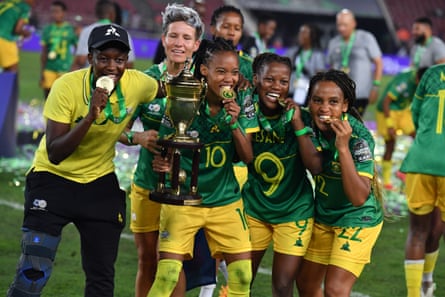 Janine van Wyk joins the celebrations after South Africa won the Women’s Africa Cup of Nations by beating Morocco in Rabat last July.