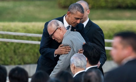 Barack Obama hugs a survivor of the atomic bombing during an event at the Hiroshima Peace Memorial park in Japan.