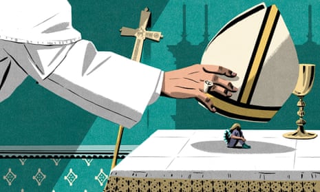 Illustration, of pope using his mitre hat to silence and bury abuse survivor, by Bill Bragg