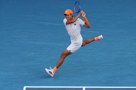 Learner Tien hits a return to Daniil Medvedev as he takes the opening set.