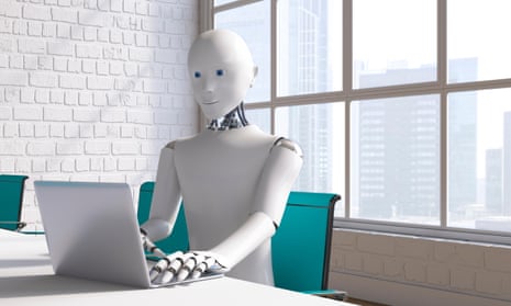 A robot sitting at a conference table using a laptop