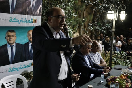 Sami Abu Shehadeh speaking at a campaign event.