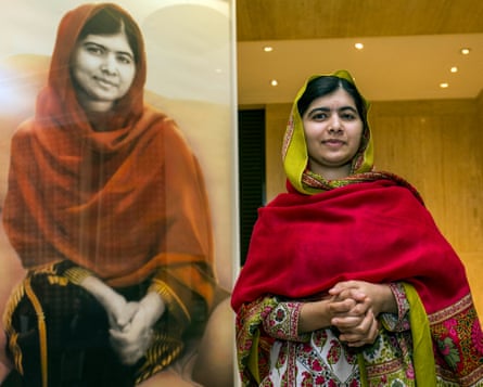 Malala Yousafzai with her portrait by Nasser Azam