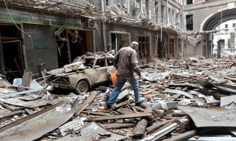 A view of a damaged building after shelling in Ukraine's second-biggest city of Kharkiv.