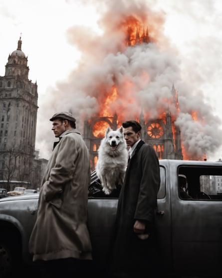 Two men standing by a car with a dog as a cathedral behind them appears to explode