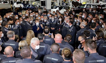 Emmanuel Macron speaks to Renault workers during his visit in 2021 to the future site of an Envision AESC plant in Douai, where Renault is developing an electric vehicle manufacturing hub.