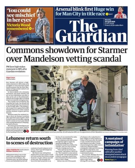 Guardian front page, Monday 20 April 2026