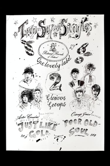 Aztec Camera and Orange Juice, poster design by Edwyn Collins, 1981 Alan Horne’s Postcard Records and its bands, Orange Juice, Aztec Camera and Josef K where The Sound of Young Scotland, combining brilliant song-writing, Warholian wit, and ironical use of tartan. This 1981 poster is illustrated by Edwyn Collins, lead singer of Orange Juice, also known for his delicate drawings of birds.