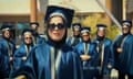 Students wearing sunglasses , graduation gowns and caps