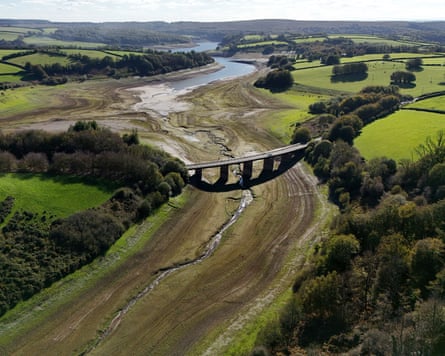 Aerial view of Bessom Bridge crossing the dried-up Wimbleball Reservoir in Exmoor