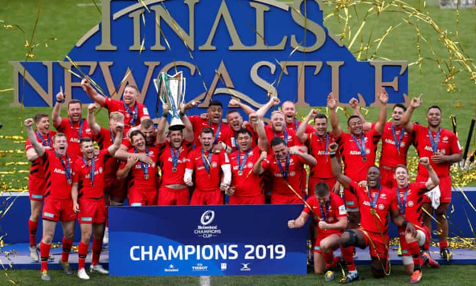 Saracens lift the European Champions Cup trophy after beating Leinster in the 2018-19 final.