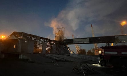 A damaged building at a Ukrainian port on the Danube after a night drone attack.