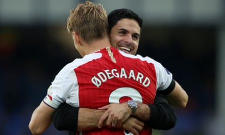 Martin Ødegaard is embraced by Mikel Arteta after Arsenal’s win at Everton last weekend.