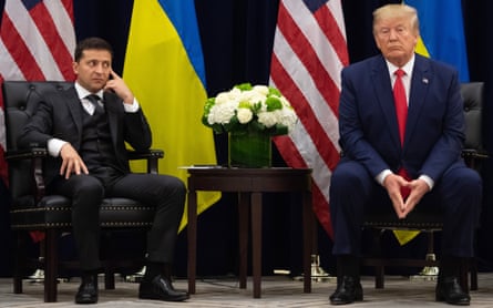 US President Donald Trump (on right) and Ukrainian President Volodymyr Zelenskiy during a meeting in New York on September 25, 2019, on the sidelines of the United Nations General Assembly