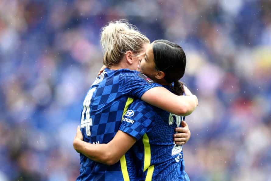 Chelsea’s Sam Kerr celebrates with Millie Bright after opening the scoring.