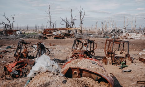 A view of destroyed residential area as about 30 of 650 residents have come back to the completely destroyed village, the former frontline Dovhenke, Kharkiv, Ukraine on April 5, 2024.