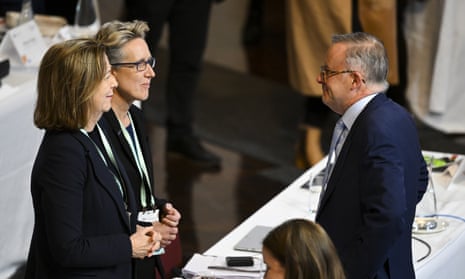 Prime minister Anthony Albanese speaks to ACTU president Michele O'Neil and secretary Sally McManus during the jobs and skills summit at Parliament House in Canberra, Friday, 2 September, 2022. 