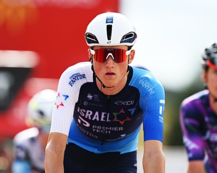 Israel-Premier Tech’s Marco Frigo on stage 10 with the team name on the jersey.