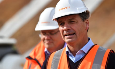 Australia’s energy minister Angus Taylor with prime minister Scott Morrison at a press conference at the start of the drilling for Snowy 2.0 in June 2020