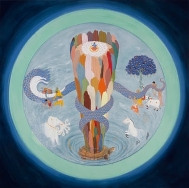 Desmond Lazaro ‘Samudra Manthana, Churning of the Ocean of Milk’ 2026, natural pigments and gold on birch board, 200 × 200 cm, courtesy of the artist © Desmond Lazaro.