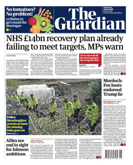 Guardian front page, Wednesday 1 March 2023