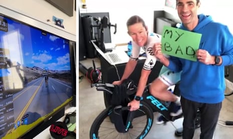 Miranda Carfrae's virtual ironman race was disrupted after her husband pulled out the cable
