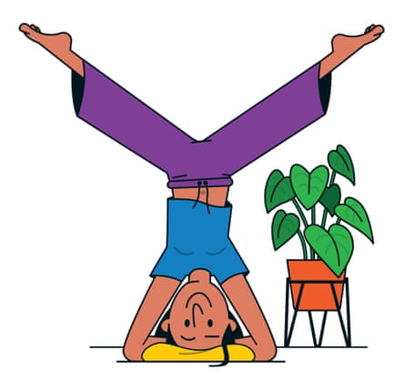 Ilustración de una mujer parada sobre su cabeza